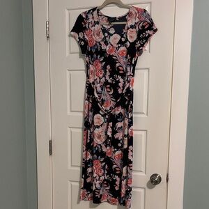 Connected Apparel Navy and Pink Floral Midi Dress